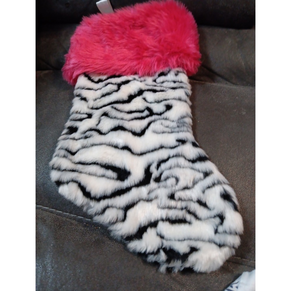 Tom's Toy Bright Black White Zebra Pink Plush Christmas Stocking 17" Decor EUC